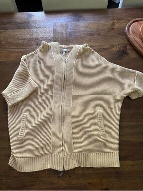 Kinross Cream Ribbed Zip-Front Short Sleeve Sweater Size Medium
